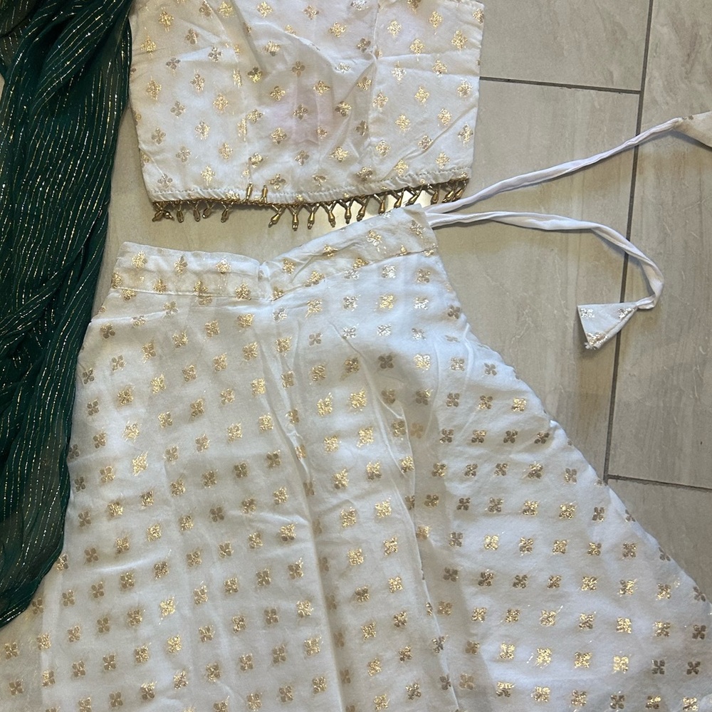 White and Gold Kasavu Lehenga with Green Dupatta